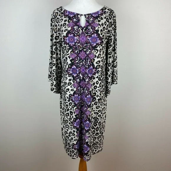 Dana Buchman Dress M Leopard Floral 3/4 Bell Sleeve Beige Tan Purple - Picture 2 of 11